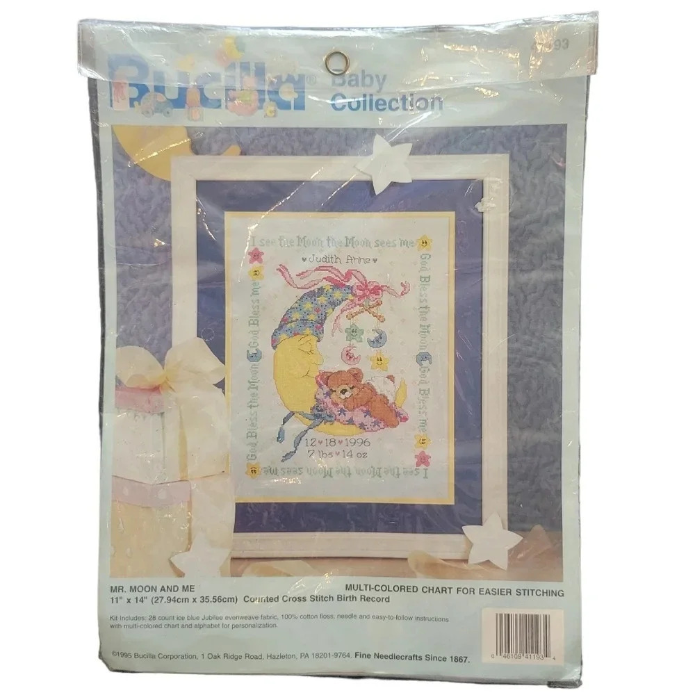 Vintage 1995 Bucilla New Baby Cross-stitch Kit Sampler Moon & Bear